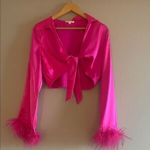 Elegant Fuchsia Feather Cuff Blouse